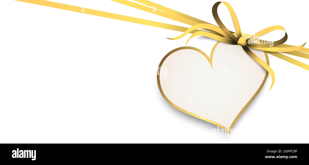 arco in nastro d'oro con tag di aggancio al cuore Illustrazione Vettoriale