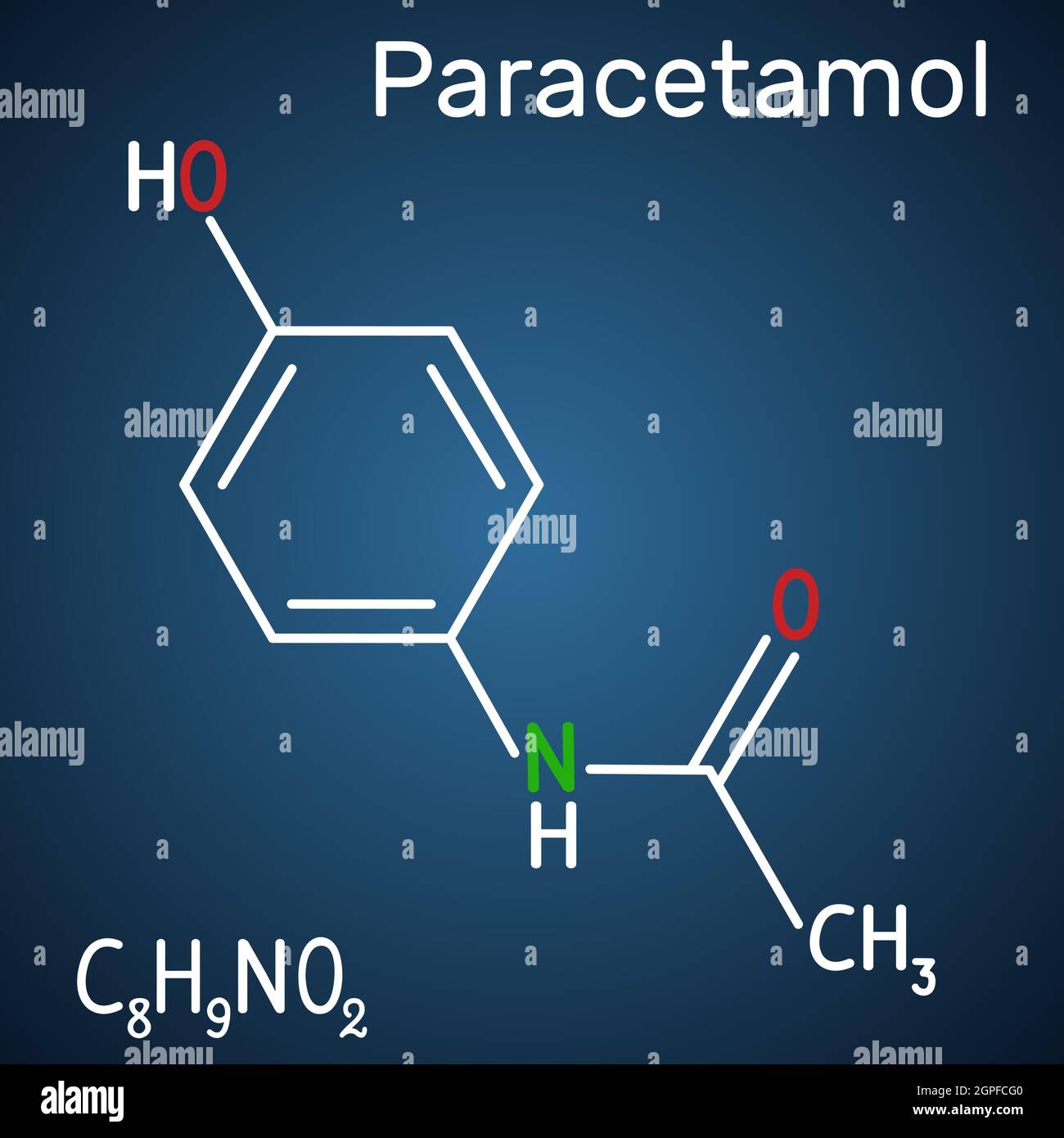 Molecola di farmaco di paracetamolo (acetaminofene). Formula chimica  strutturale e modello molecolare su sfondo blu scuro Immagine e Vettoriale  - Alamy