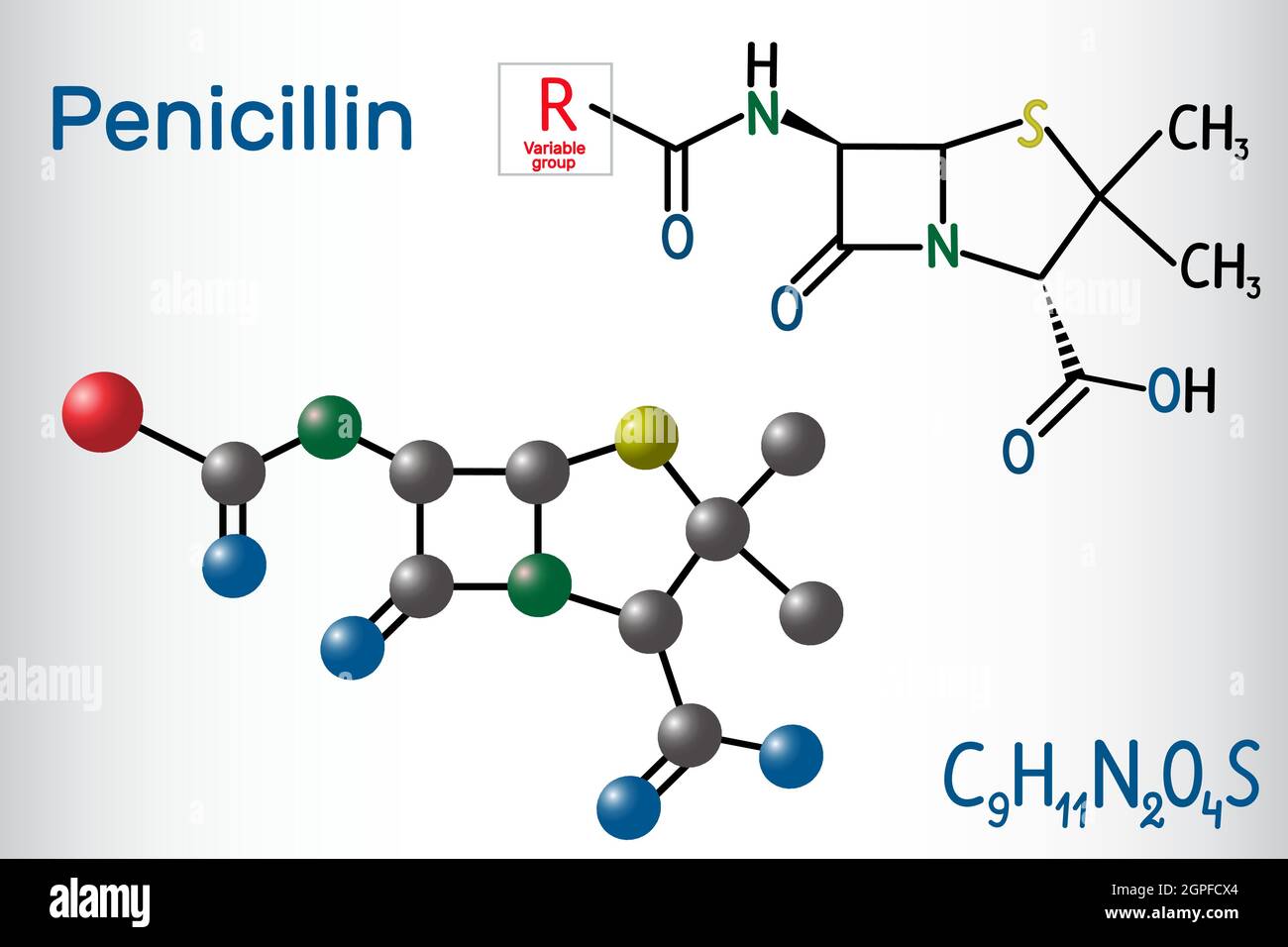 Formula generale della molecola di penicillina (PCN). Si tratta di un gruppo di antibiotici. Formula chimica strutturale e modello molecolare Illustrazione Vettoriale