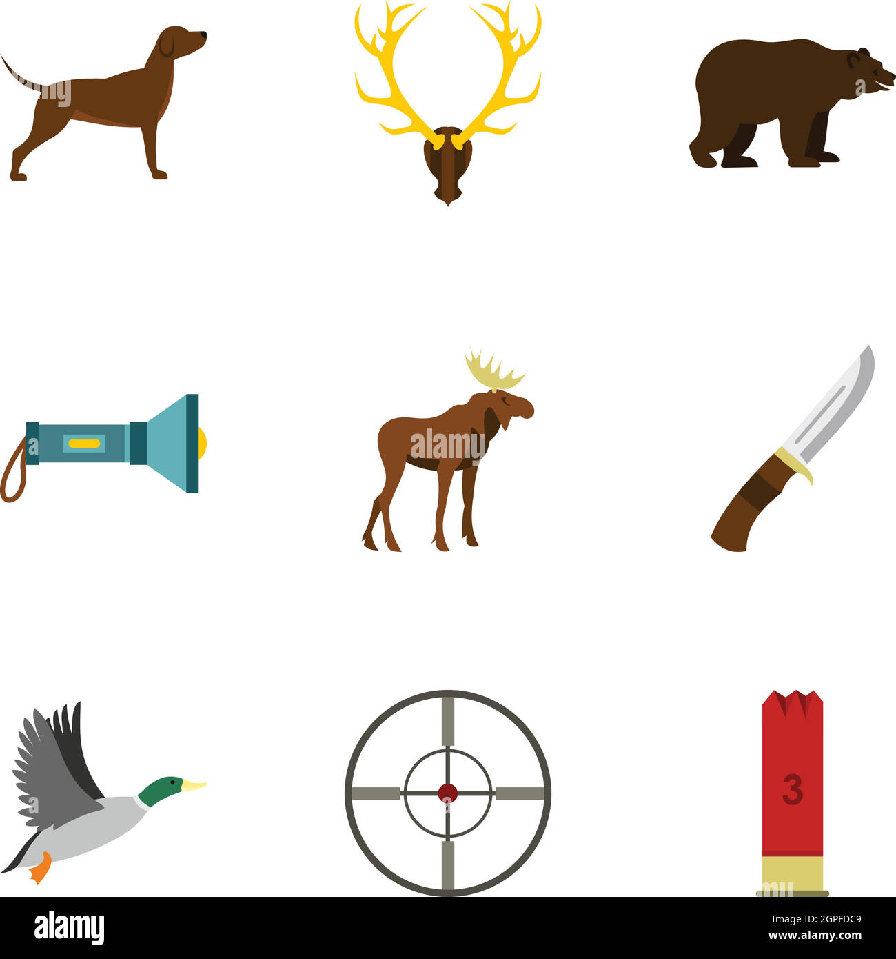 La caccia di animali set di icone di stile di Piana Illustrazione Vettoriale