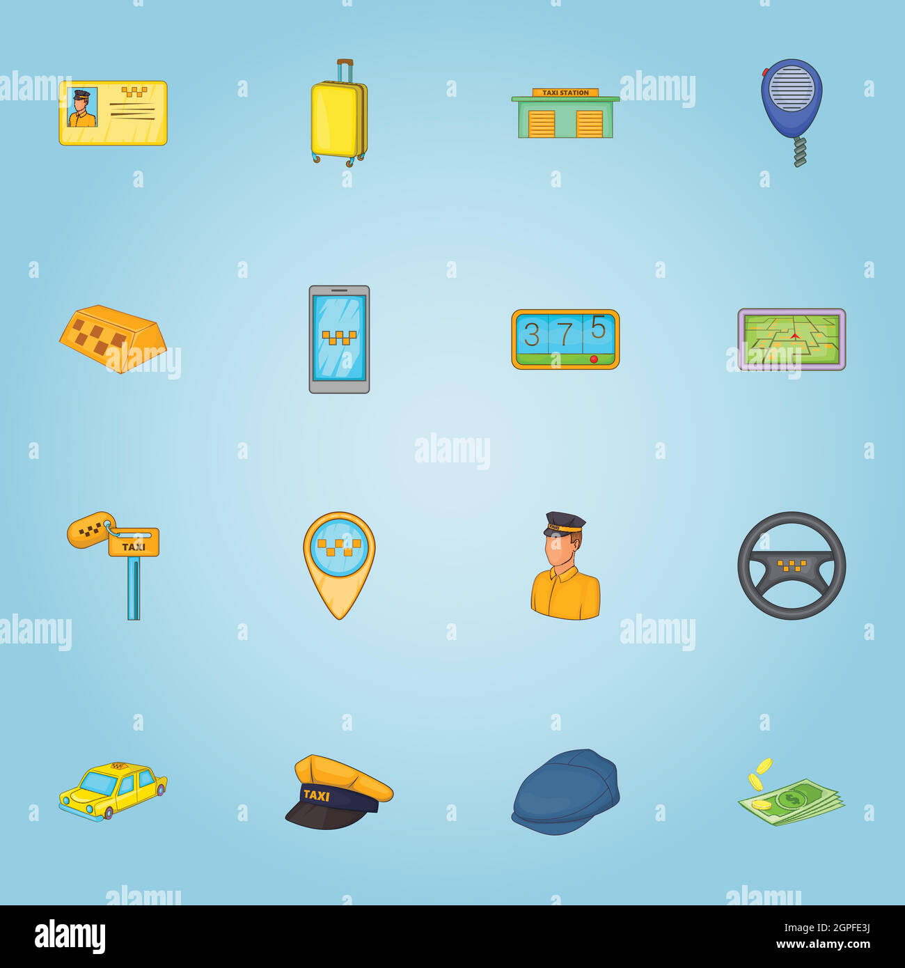 Taxi set di icone, stile cartoon Illustrazione Vettoriale