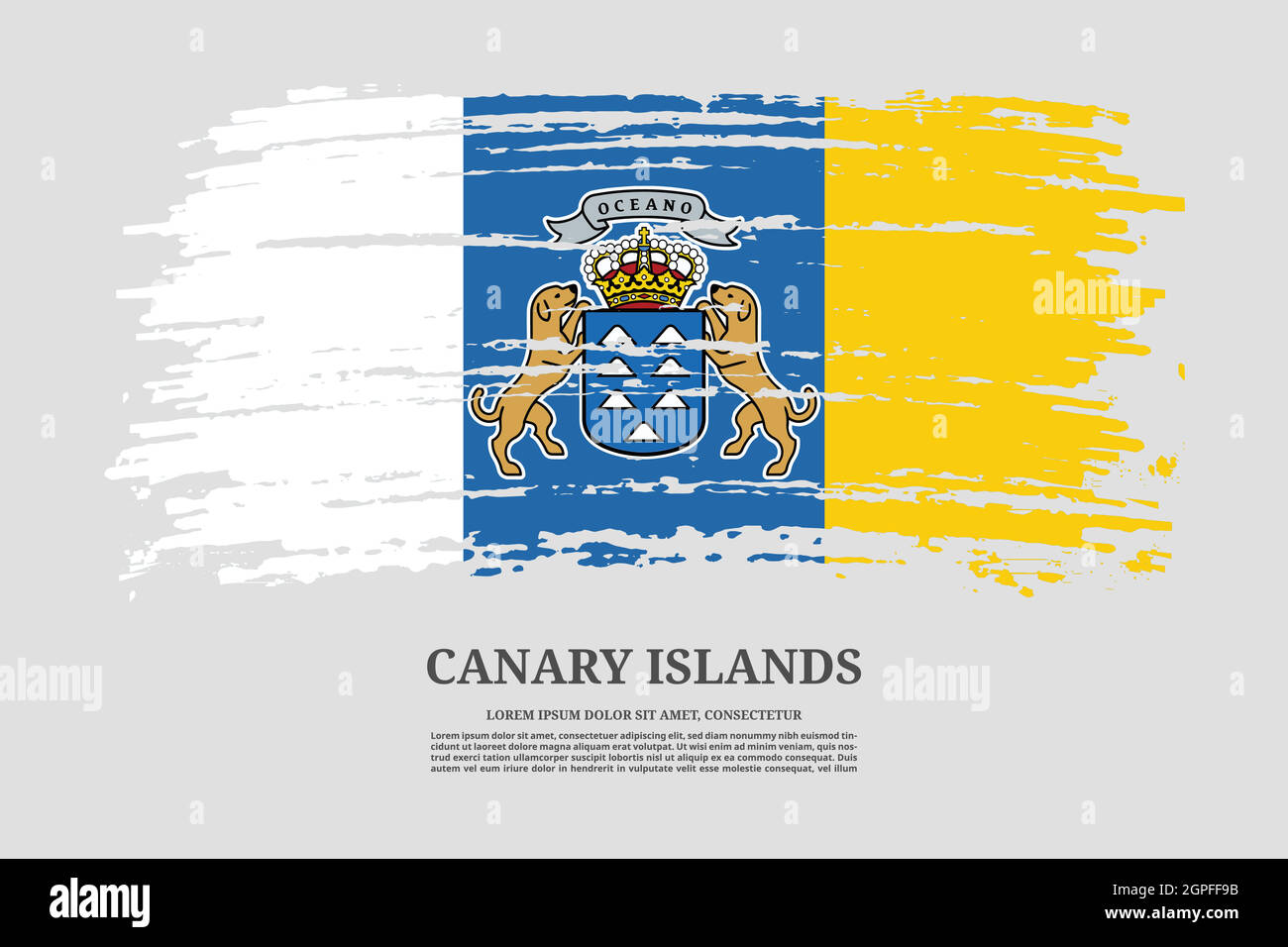 Bandiera delle Isole Canarie con effetto tratto pennello e poster di testo informativo, sfondo vettoriale Illustrazione Vettoriale