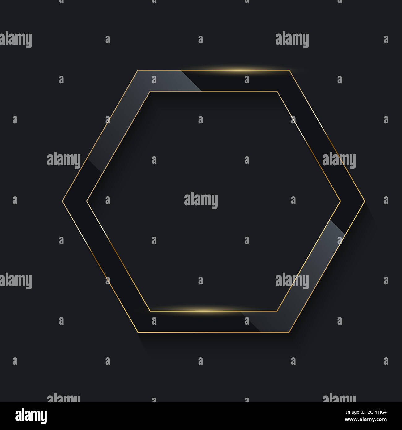 hexagone in vetro nero con linee dorate su sfondo scuro. Illustrazione vettoriale del disegno geometrico. Bordo minimo vuoto, decorazione astratta dell'arte. Illustrazione Vettoriale