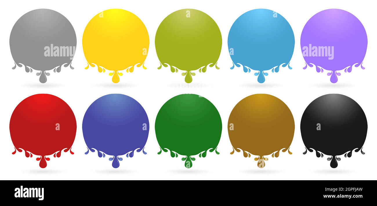 Etichette gocce ellisse modelli con dieci varianti colore isolato sfondo bianco, gocce liquidi. Goccioline colorate di olio, miele, vernice di inchiostro, oliva, acqua, set di vettori realistici per lubrificanti e gocce di sangue. Illustrazione Vettoriale