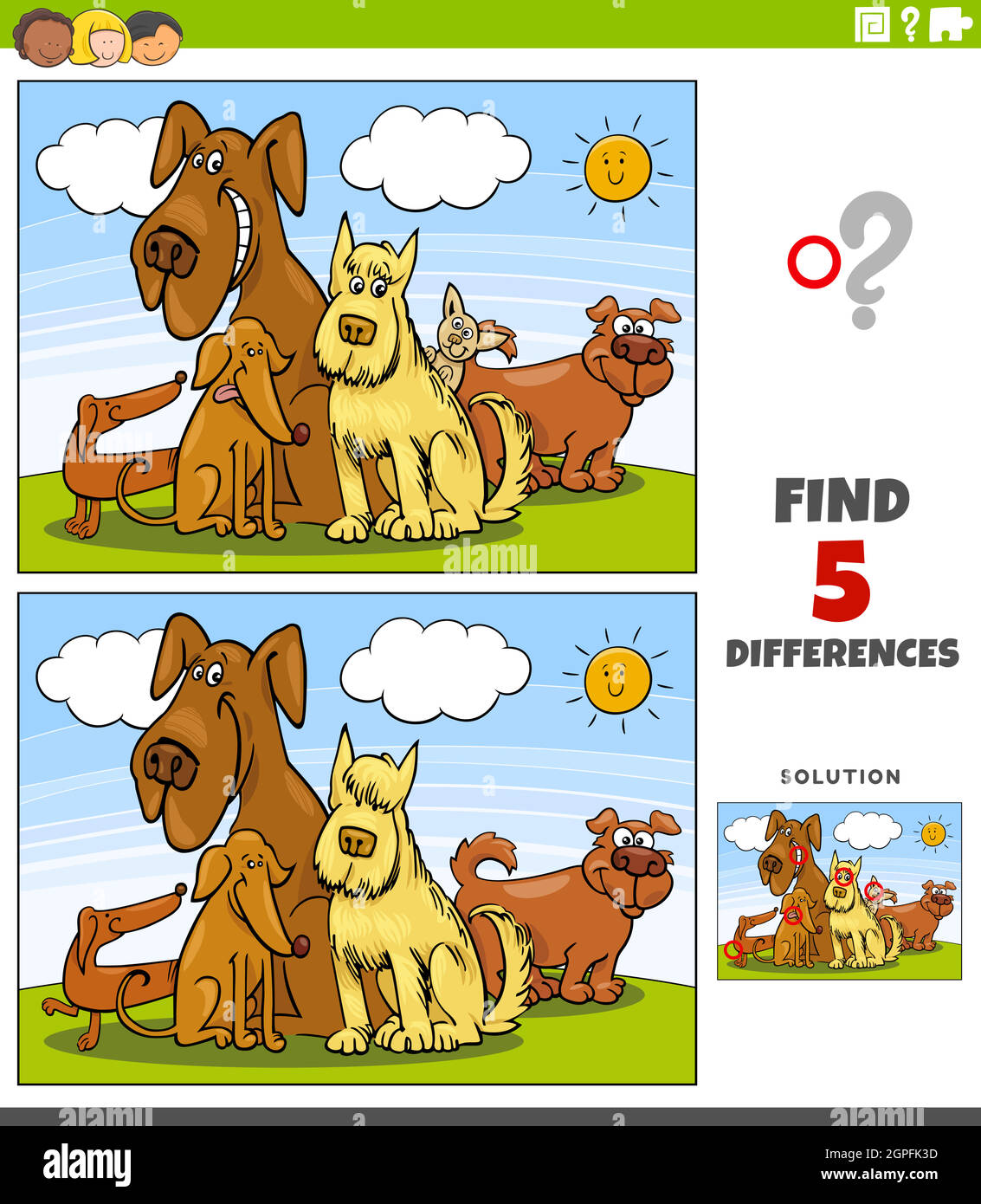 differenze gioco educativo con gruppo di cani cartoni animati Illustrazione Vettoriale