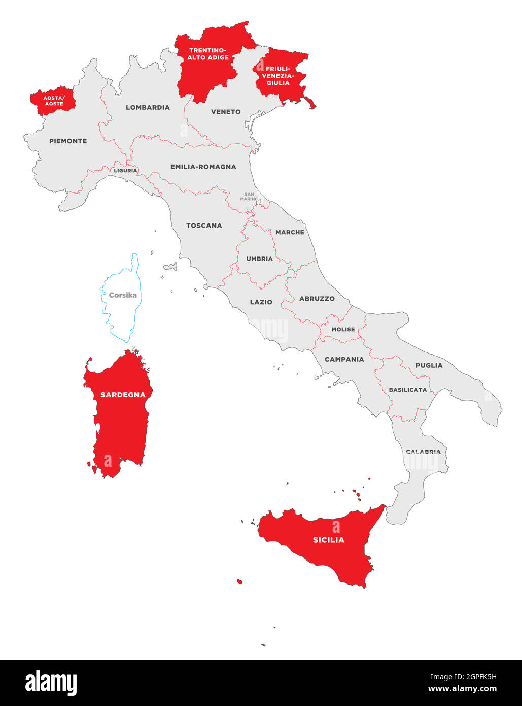 Mappa vettoriale delle regioni italiane con legge speciale Illustrazione Vettoriale