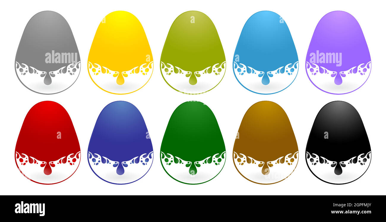 Etichetta gocce modelli uovo con dieci varianti colore isolato sfondi bianchi, gocce liquidi. Goccioline colorate di olio, miele, vernice di inchiostro, oliva, acqua, set di vettori realistici per lubrificanti e gocce di sangue. Illustrazione Vettoriale