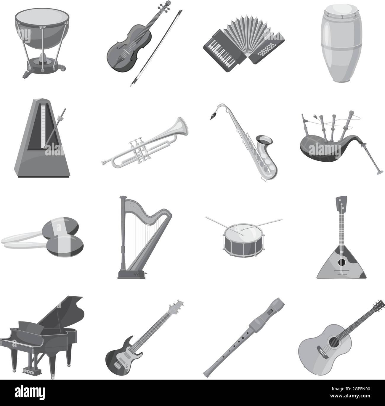 Strumenti musicali di set di icone di colore grigio in stile monocromatico Illustrazione Vettoriale