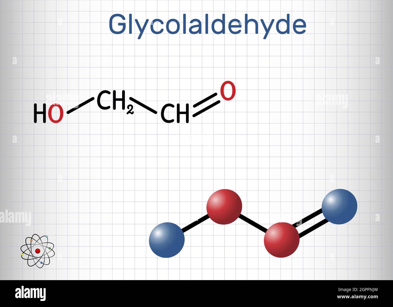 Molecola di glicolaldeide. Contiene gruppo aldeide e gruppo idrossile. Formula chimica strutturale e modello molecolare. Foglio di carta in gabbia Illustrazione Vettoriale