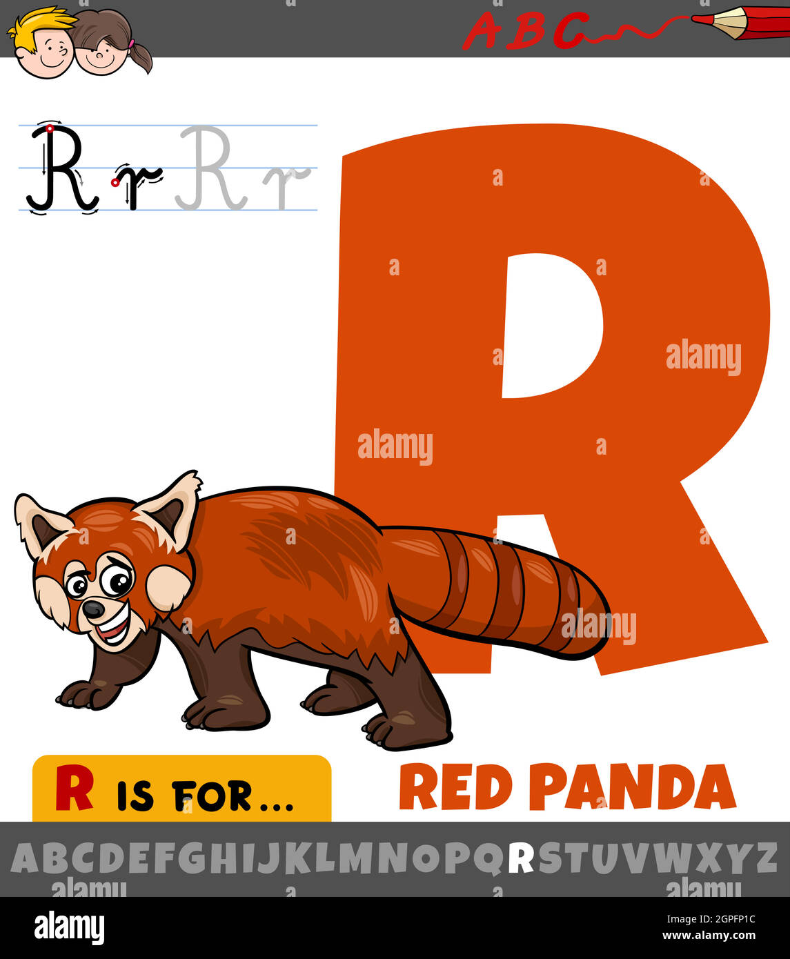 Foglio di lavoro lettera R con animale panda rosso cartoon Illustrazione Vettoriale