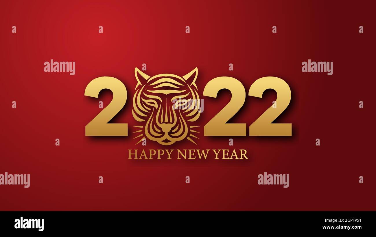 Felice anno nuovo 2022 vettore. golden 2022 testo con una testa tigre. Felice anno nuovo cinese. Anno della tigre zodiac. 2022 disegno adatto per i saluti, Illustrazione Vettoriale