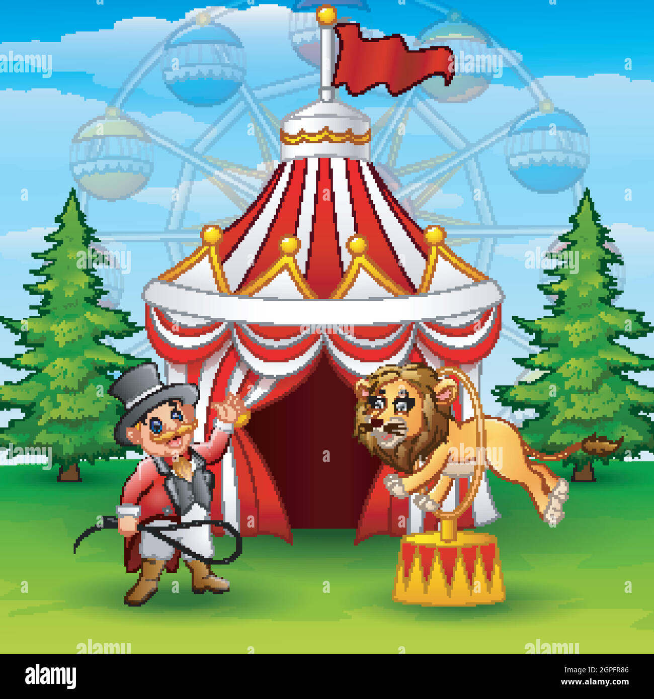 Cartoon tamer e leone sullo sfondo della tenda del circo Illustrazione Vettoriale