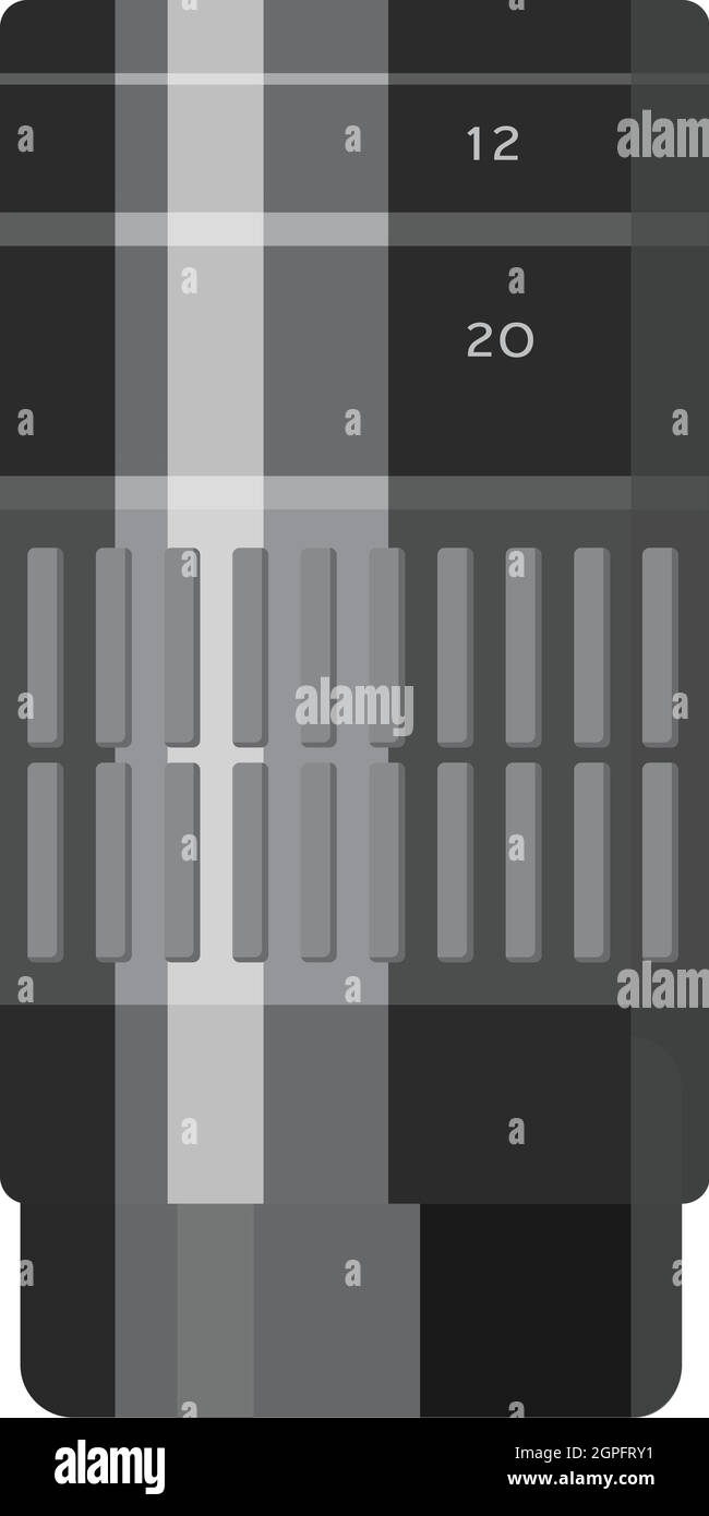 Icona dell'obiettivo con zoom della fotocamera, in bianco e nero grigio Illustrazione Vettoriale