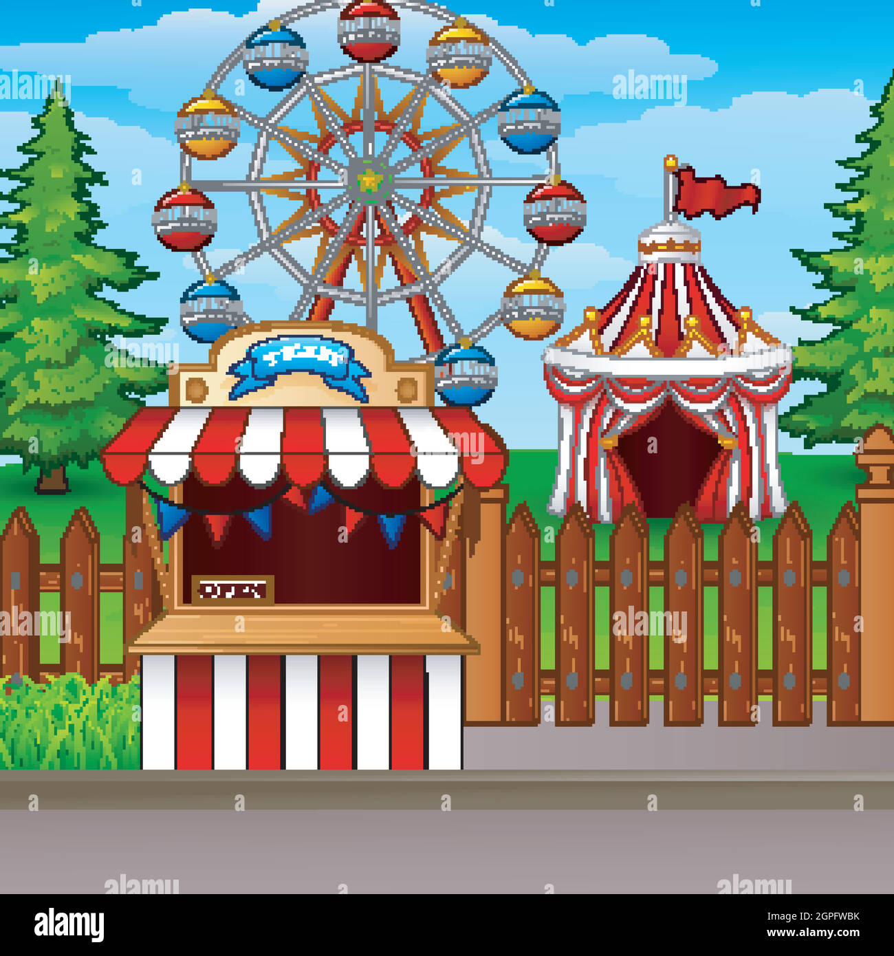 Parco divertimenti con ruota panoramica, biglietteria e tenda da circo Illustrazione Vettoriale