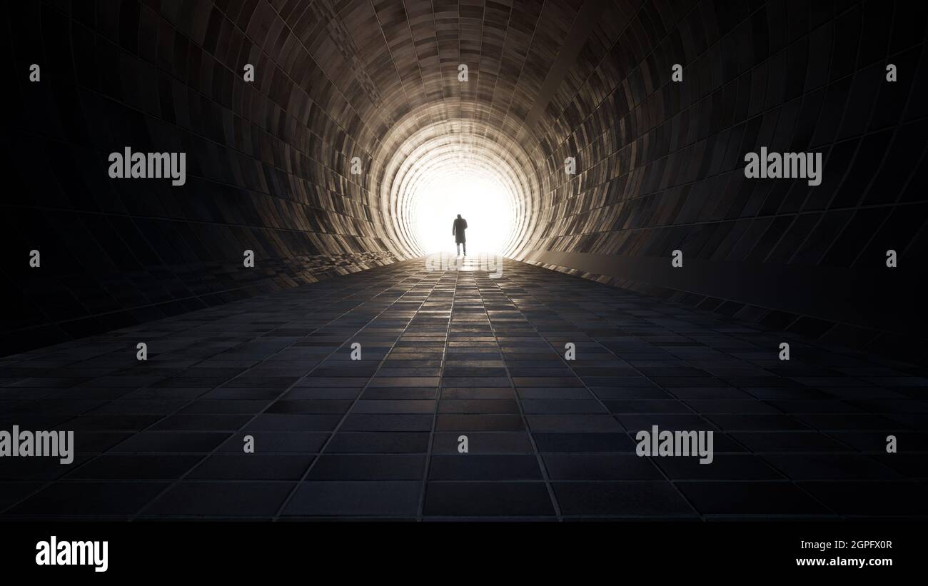 Concept o tunnel oscuro concettuale con una luce brillante alla fine o all'uscita come metafora del successo, della fede, del futuro o della speranza Foto Stock