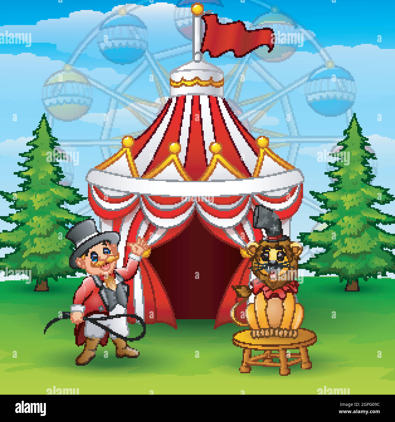 Cartoon tamer e leone sullo sfondo della tenda del circo Illustrazione Vettoriale