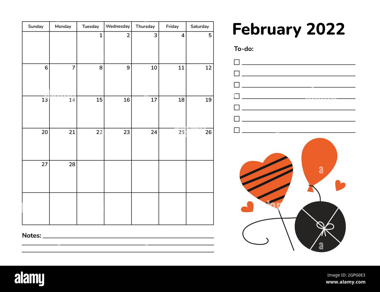 Pianificatore orizzontale 2022. Pagina del calendario di febbraio. Modello di vettore di pianificazione dell'agenda elettronica. Calendario aziendale della tavola da parete. Pagine mensili. Settimana Illustrazione Vettoriale