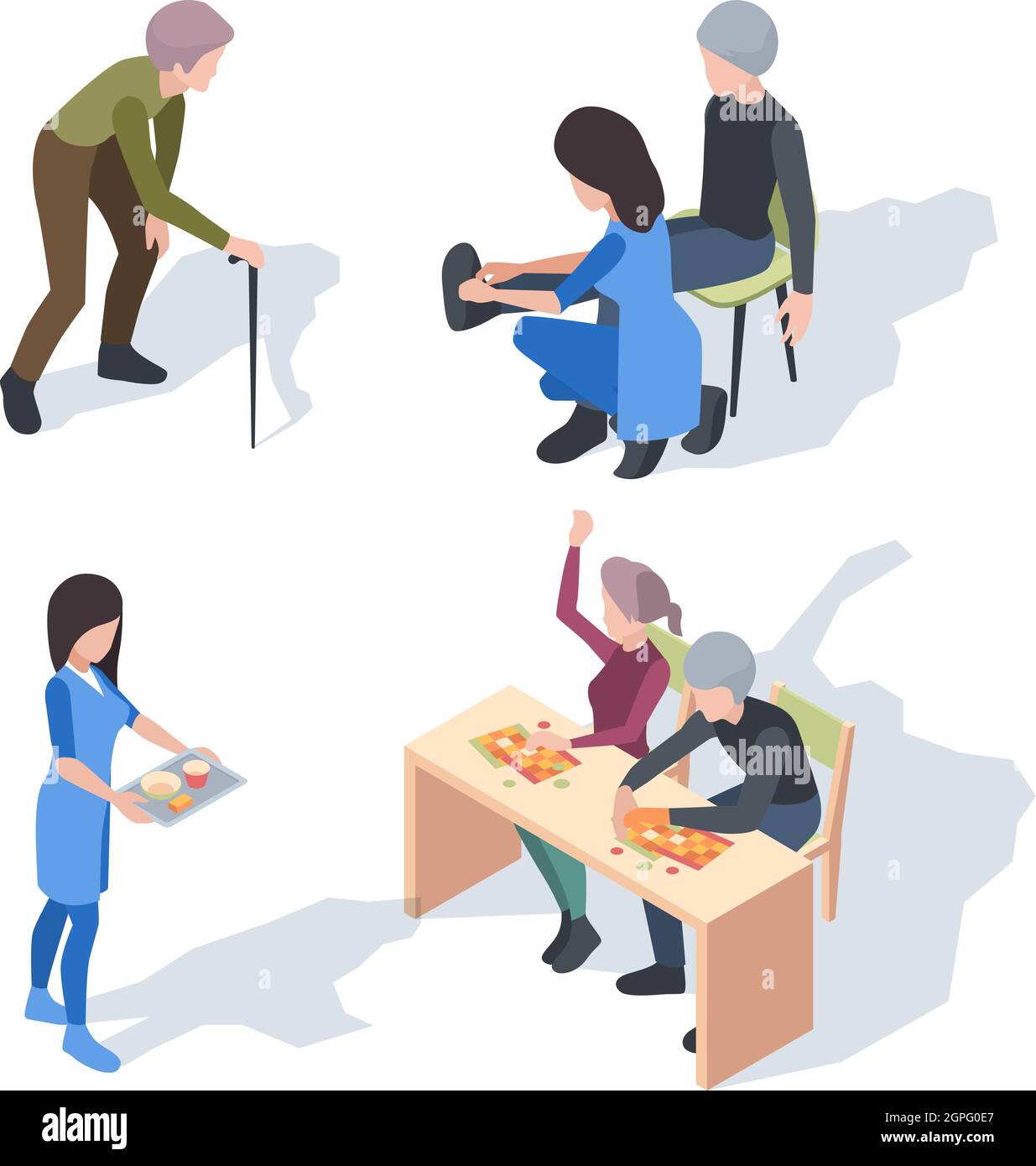 Cura della casa di cura. Anziani attività di lifestyle helper anziani clinica infermieristica medico vettore persone Illustrazione Vettoriale