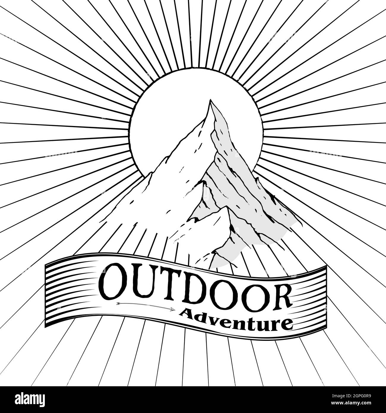 Grande montagna con sole e bandiera, disegno di linea Illustrazione Vettoriale