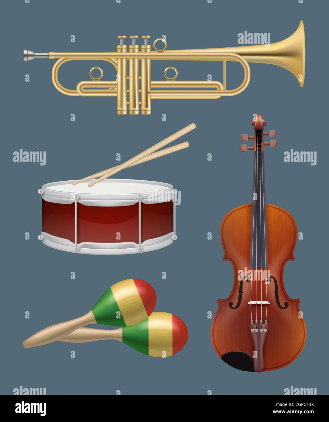 Strumenti musicali. Chitarra piano sax e altri strumenti pratici per musica band realistic set Illustrazione Vettoriale