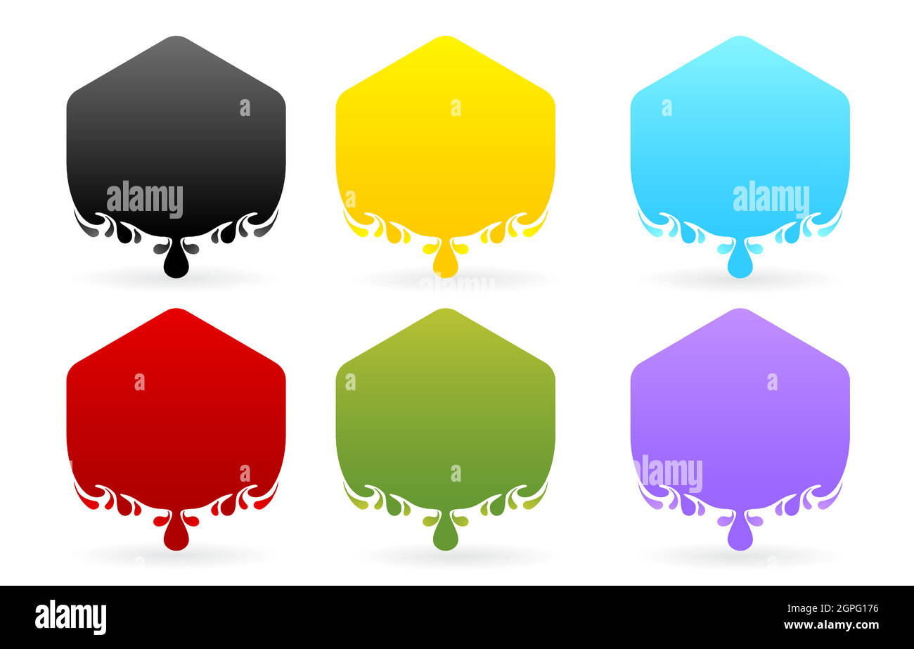 L'etichetta rilascia modelli poligonali con sei varianti di colore isolato sfondo bianco, set di adesivi colorati Illustrazione Vettoriale
