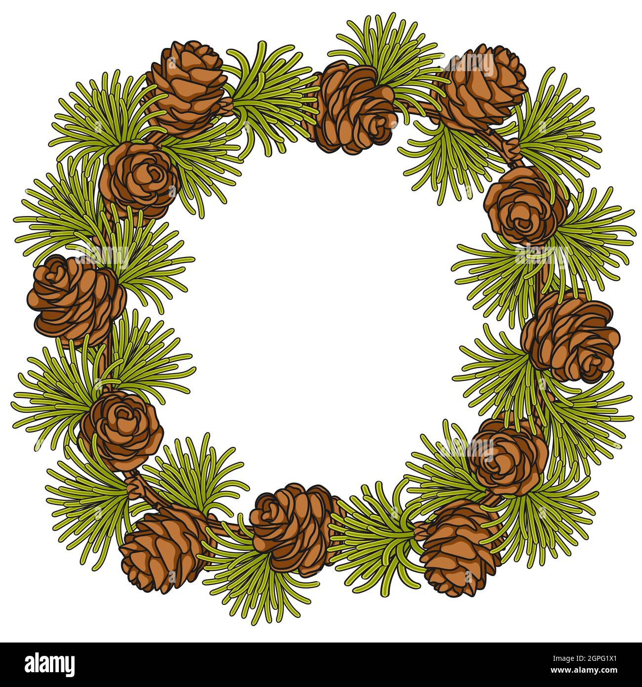 Illustrazione a colori, telaio fatto di rami e coni di larice. Oggetto vettore isolato su sfondo bianco. Illustrazione Vettoriale