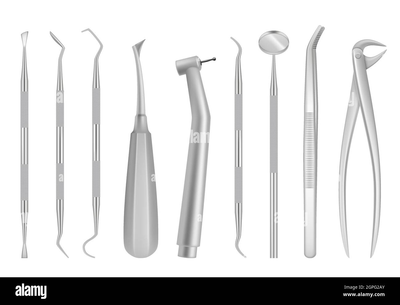 Strumenti per la clinica dentale. Articoli medici per dentisti ispezione orale vettore di denti strumenti di cromo realistico Illustrazione Vettoriale