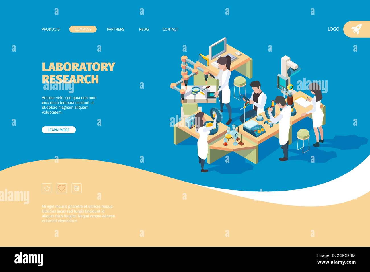 Pagina di destinazione della persona scientifica. Medici laboratorio scienziato che lavora sul tavolo biotecnologia vettore medico concetto Illustrazione Vettoriale