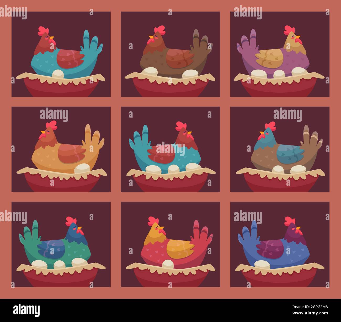 Galline ovaiole. Allevamento di pollo allevamento galline uccelli seduti sugli scaffali e facendo uova fresche in caratteri vettoriali fattoria Illustrazione Vettoriale