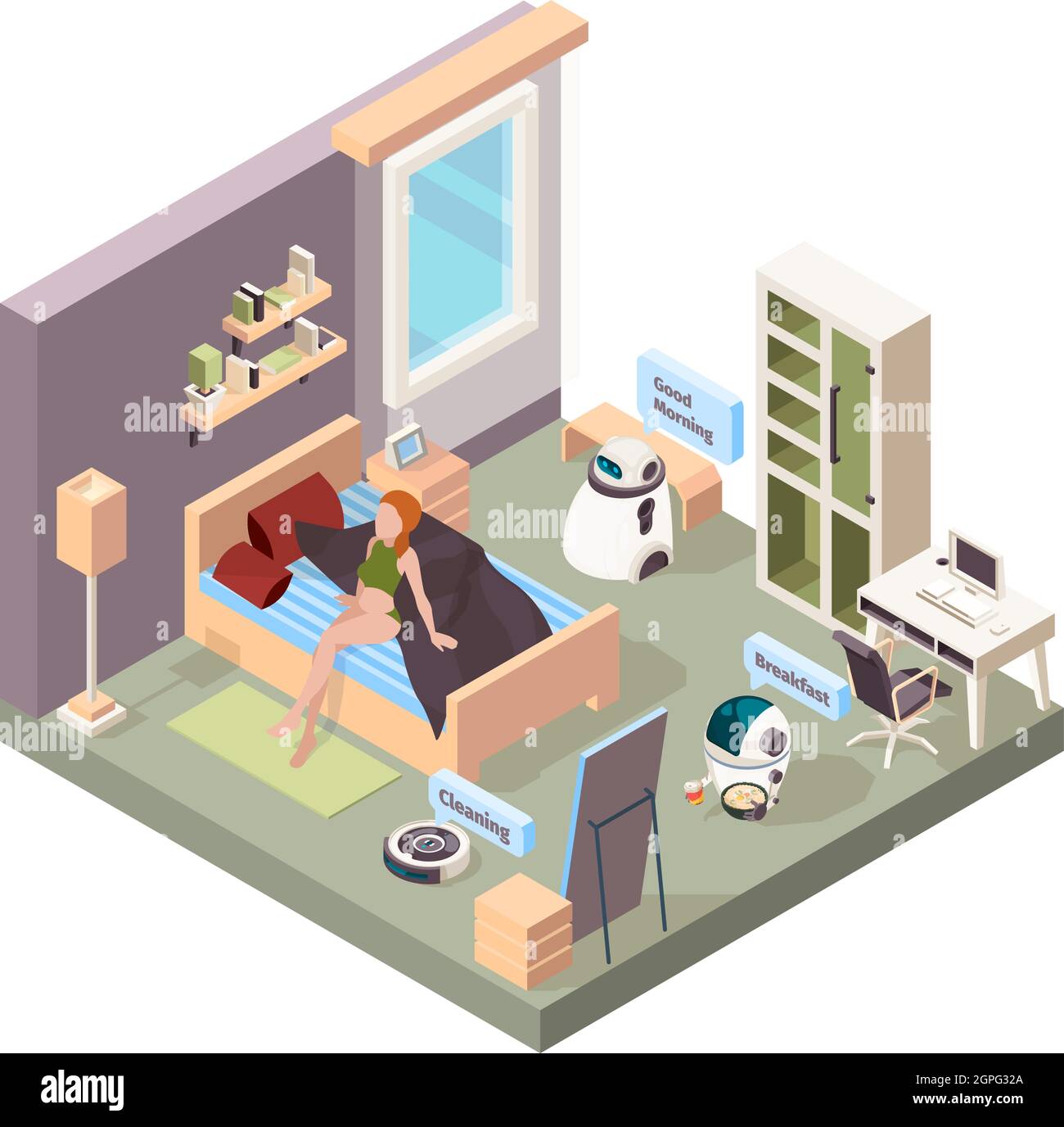 Robot domestici. I futuri veicoli domestici MAN pulitore robotico che lavora nell'illustrazione vettoriale della tecnologia intelligente dell'abitacolo Illustrazione Vettoriale