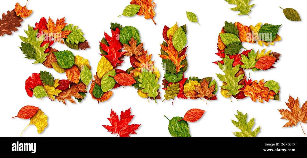 Banner di testo della vendita autunnale come foglie di albero durante una stagione autunnale come simbolo di foglia per le vendite promozionali di marketing come composito. Foto Stock