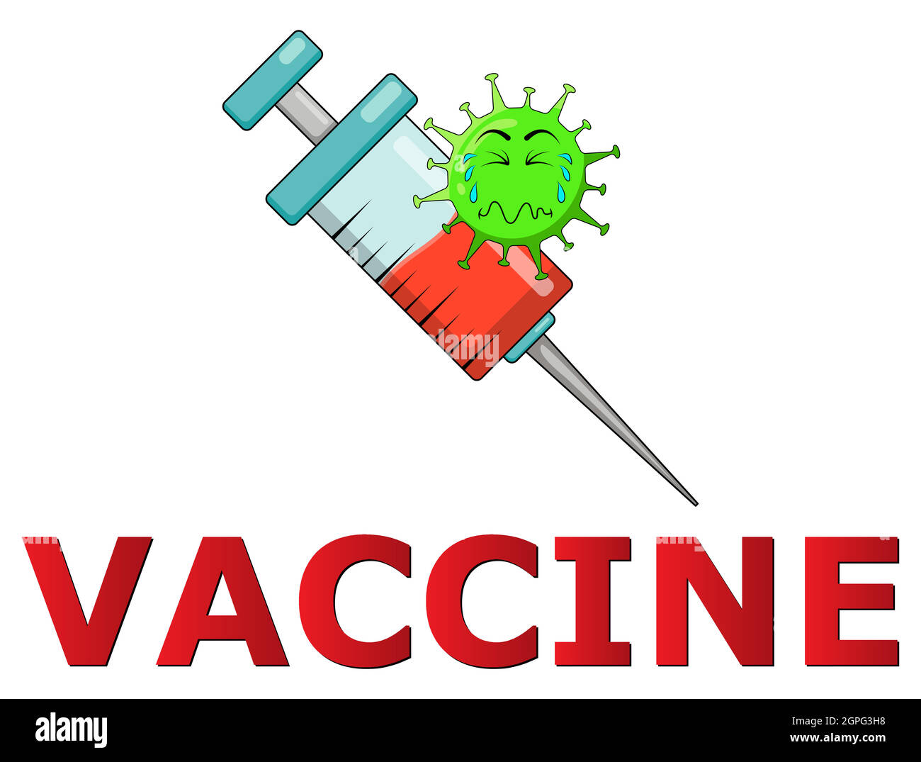 Carattere del virus e vaccino. Arrestare il concetto di covid-19. Illustrazione Vettoriale
