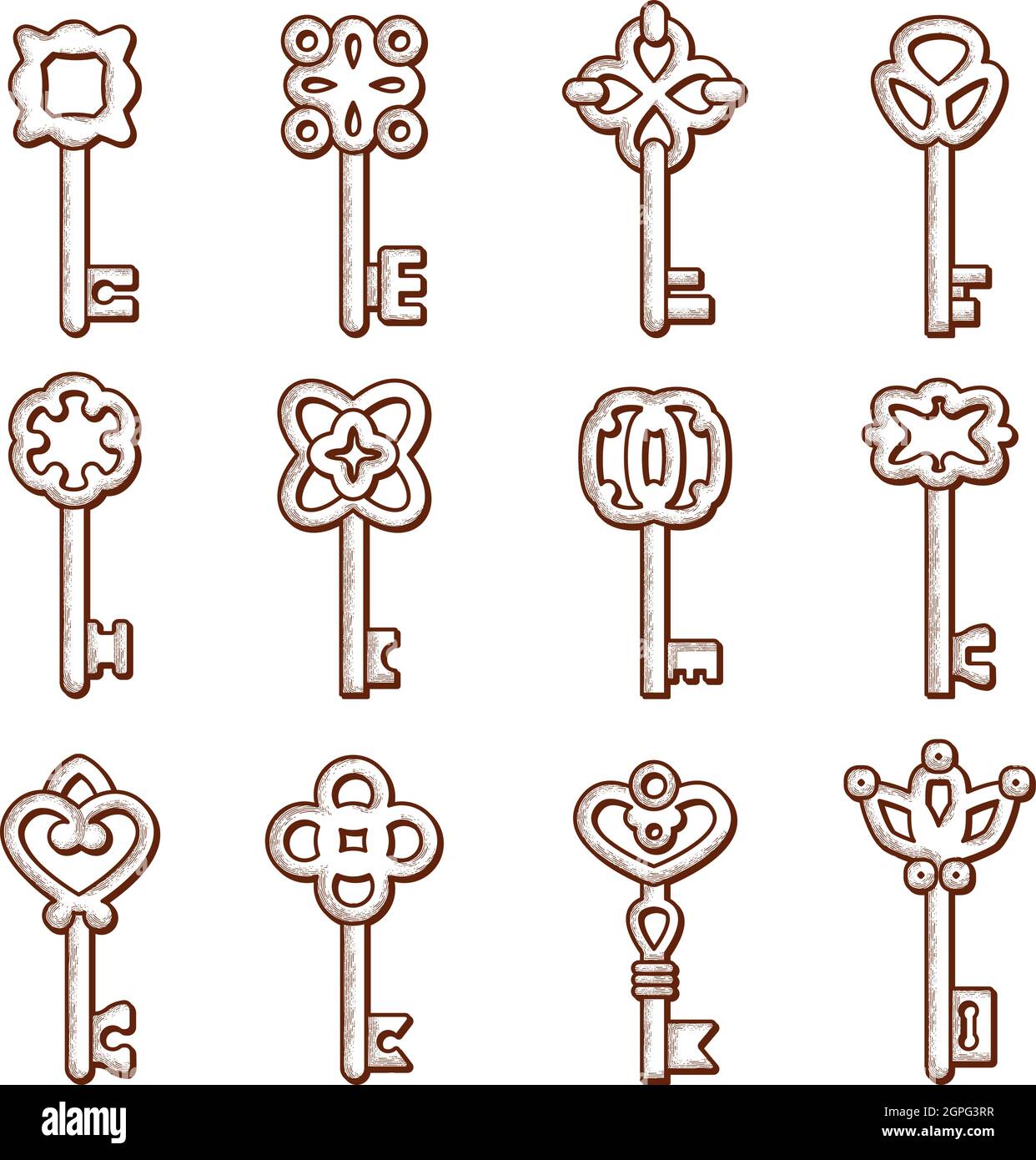 Icona tasti. Silhouette di chiavi e serrature vecchio stile vittoriano vettore elegante collezione di logo Illustrazione Vettoriale