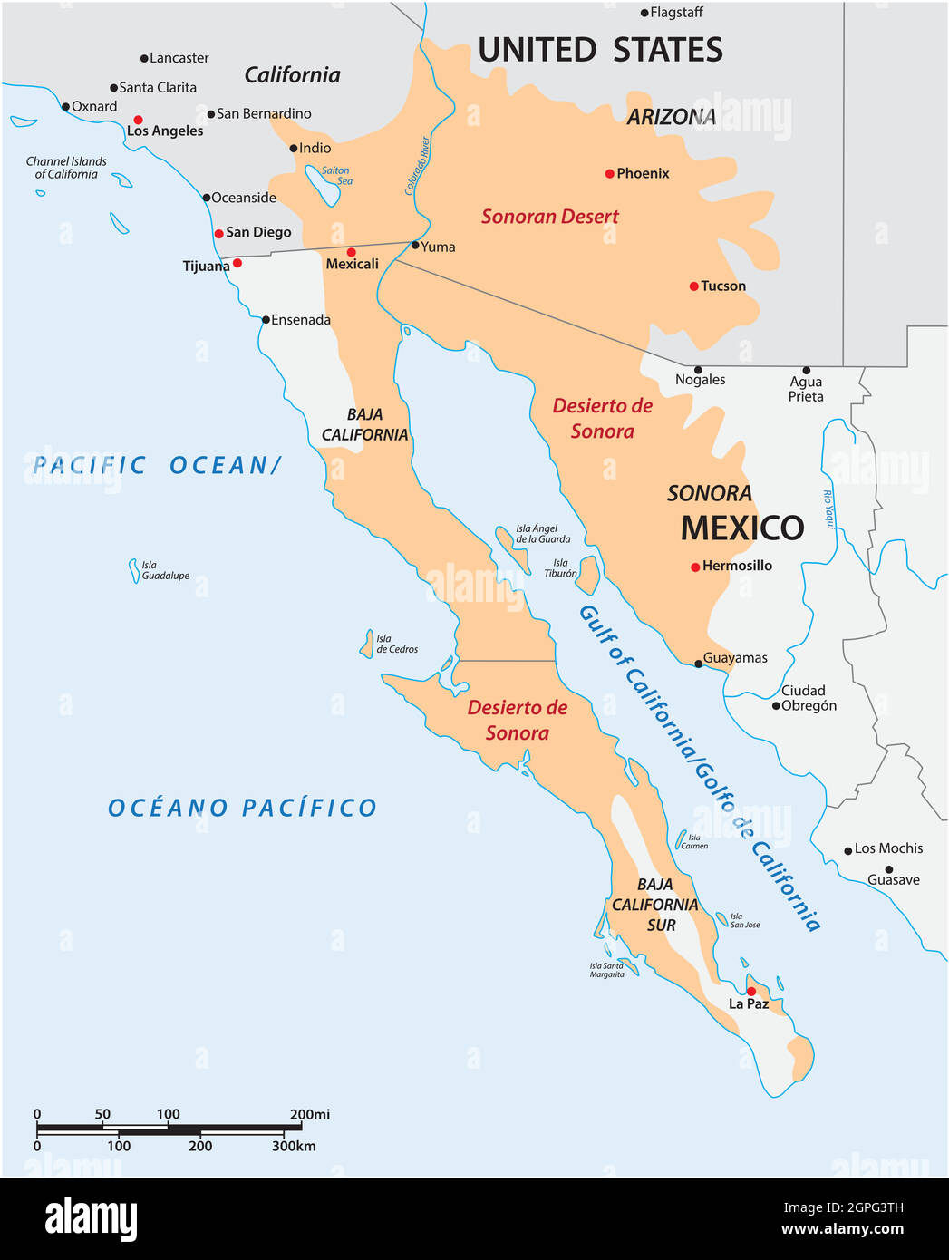 Mappa vettoriale del deserto di sonora, Messico, Stati Uniti Illustrazione Vettoriale
