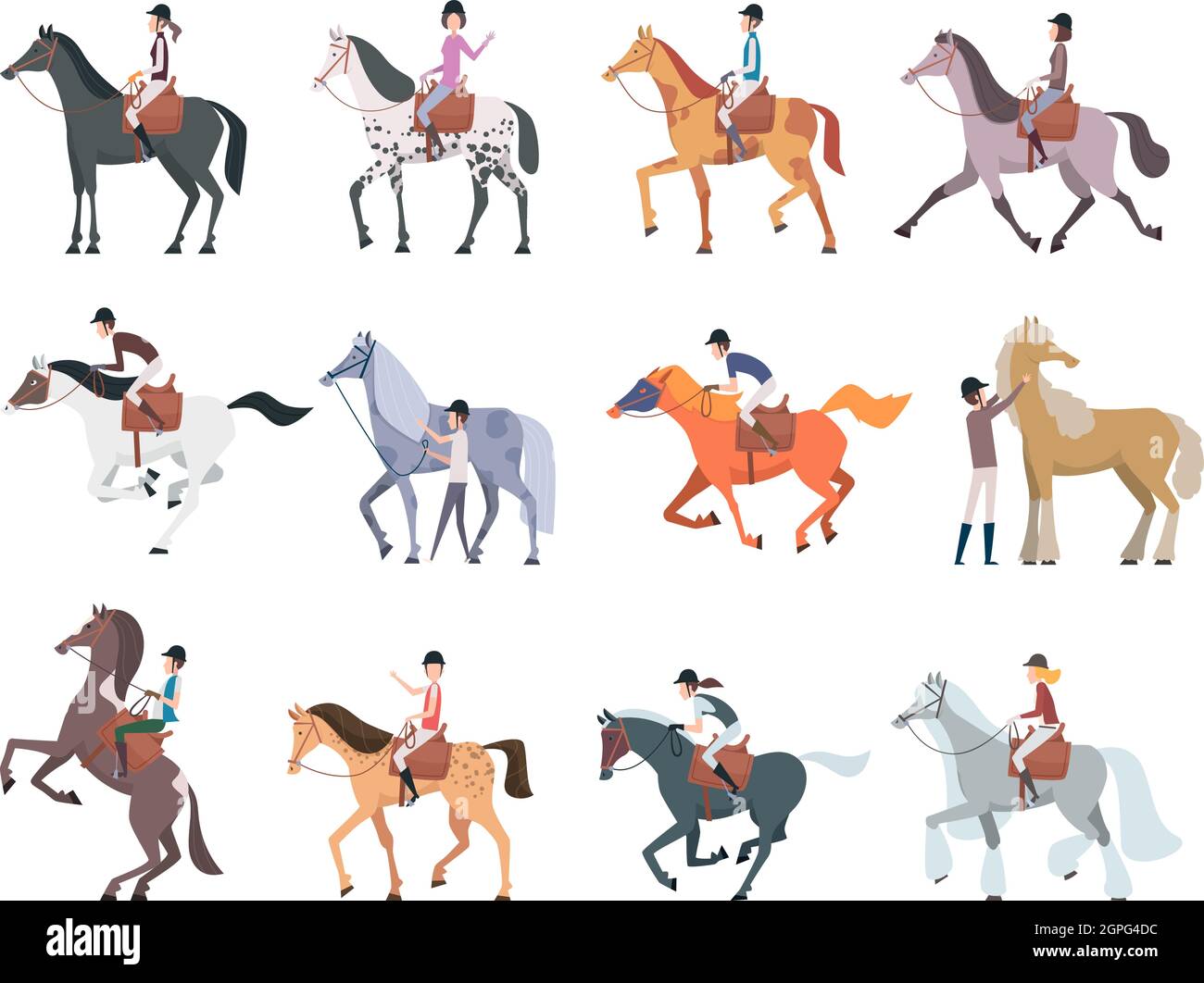 Cavalieri. Sport equestre persone seduto a piedi su forti cavalli domestici e pony persone razze animali da corsa vettore Illustrazione Vettoriale