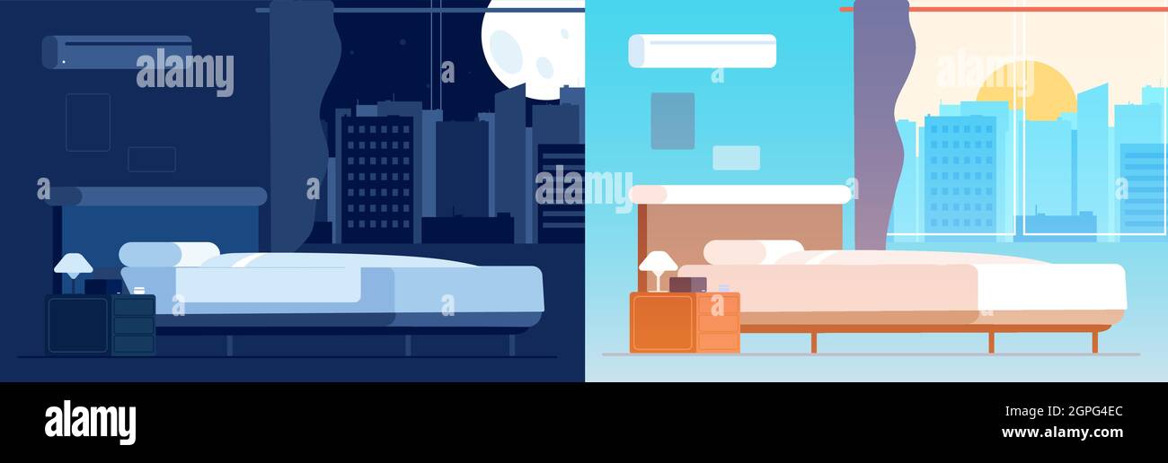 Camera da letto giorno notte interna. Posizione della camera in orari diversi. Casa vuota con illustrazione vettore letto Illustrazione Vettoriale
