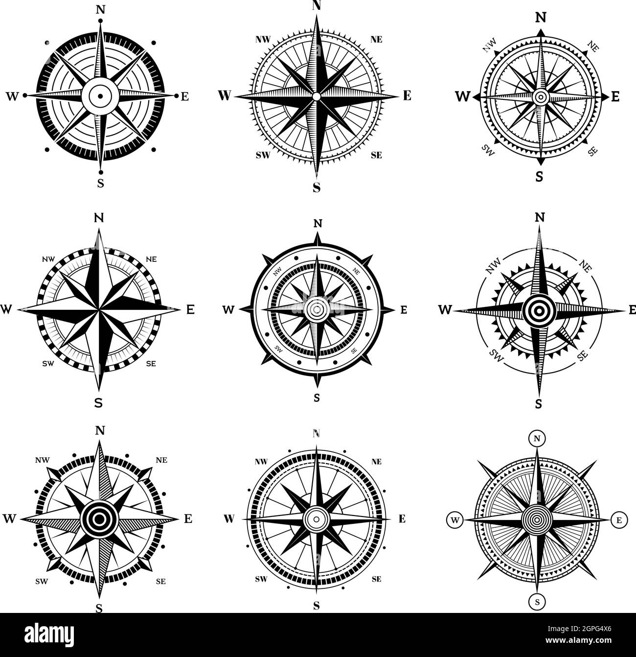 Set di rose a vento. Viaggio avventura vela nautica rosa destinazione frecce direzionali simboli di navigazione vettoriale per la vecchia mappa Illustrazione Vettoriale