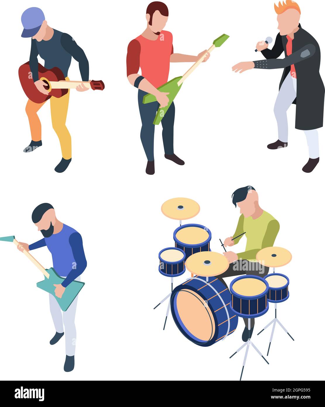 Rock band. Musicisti isometrici con strumenti chitarre drum e microfono vettore rock concerti personaggi Illustrazione Vettoriale