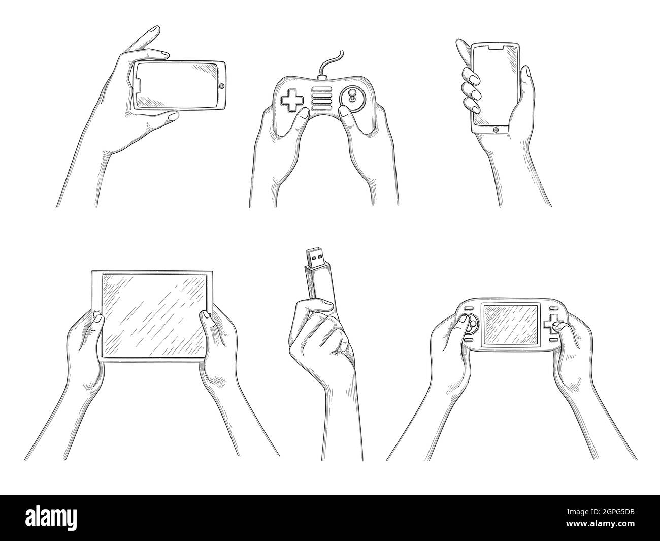 Gadget nelle mani. Dispositivi mobili digitali intelligenti in mani umane che tengono smartphone laptop tablet pc videocamere vettoriali sfondo disegnato a mano Illustrazione Vettoriale