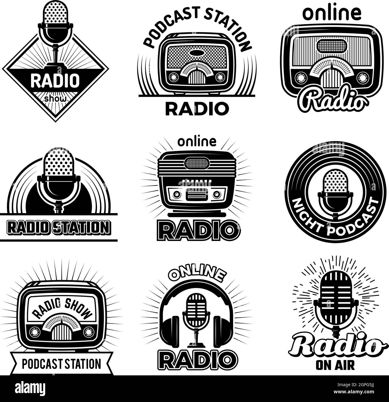 Badge radio. Musica talking podcast air streaming mostra logo radio emblema con cuffie e microfoni illustrazioni vettoriali Illustrazione Vettoriale