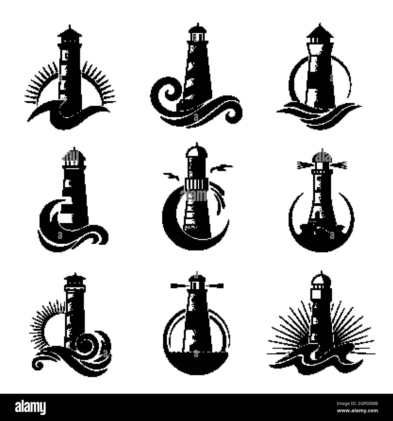 Logo Lighthouse. Simboli marini stilizzati per gli affari, onde oceaniche, icone del mare con sagome di faro Illustrazione Vettoriale