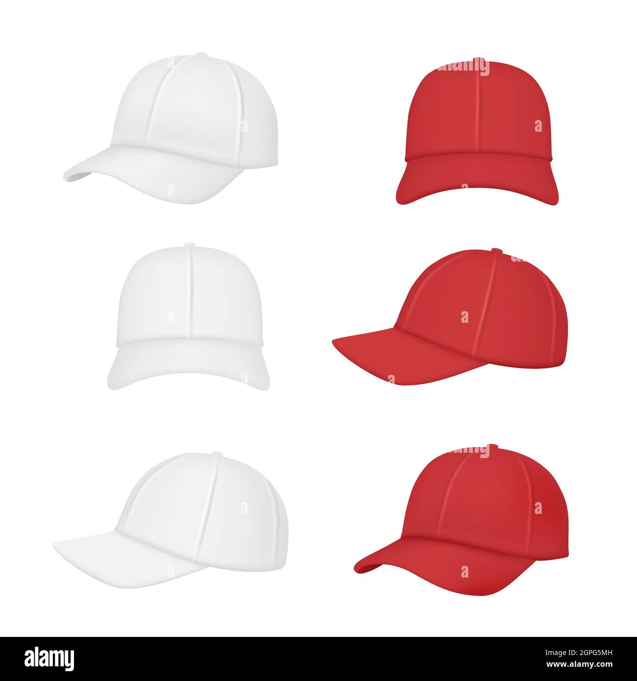 Cappellino da baseball. Abbigliamento sportivo realistico mockup fronte retro della collezione di caps vettoriale Illustrazione Vettoriale