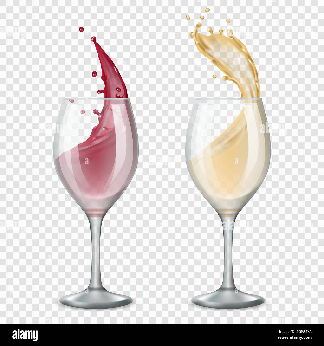 Bicchiere di vino. Le bevande alcoliche spruzzi che fluiscono rosso e bianco gocce vettoriali illustrazioni realistiche Illustrazione Vettoriale