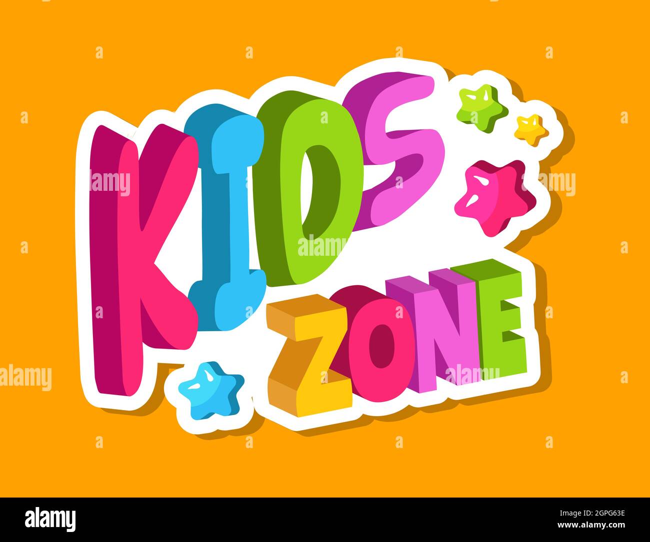 Logo della sala giochi. Kids zone con lettere 3d, banner per area giochi con lettere colorate e illustrazioni vettoriali a stelle Illustrazione Vettoriale