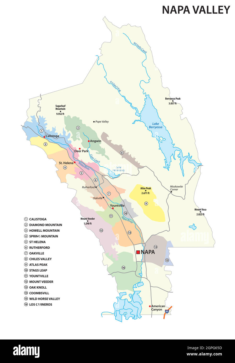 Mappa vettoriale delle regioni viticole del Distretto di Napa Valley, California, Stati Uniti Illustrazione Vettoriale