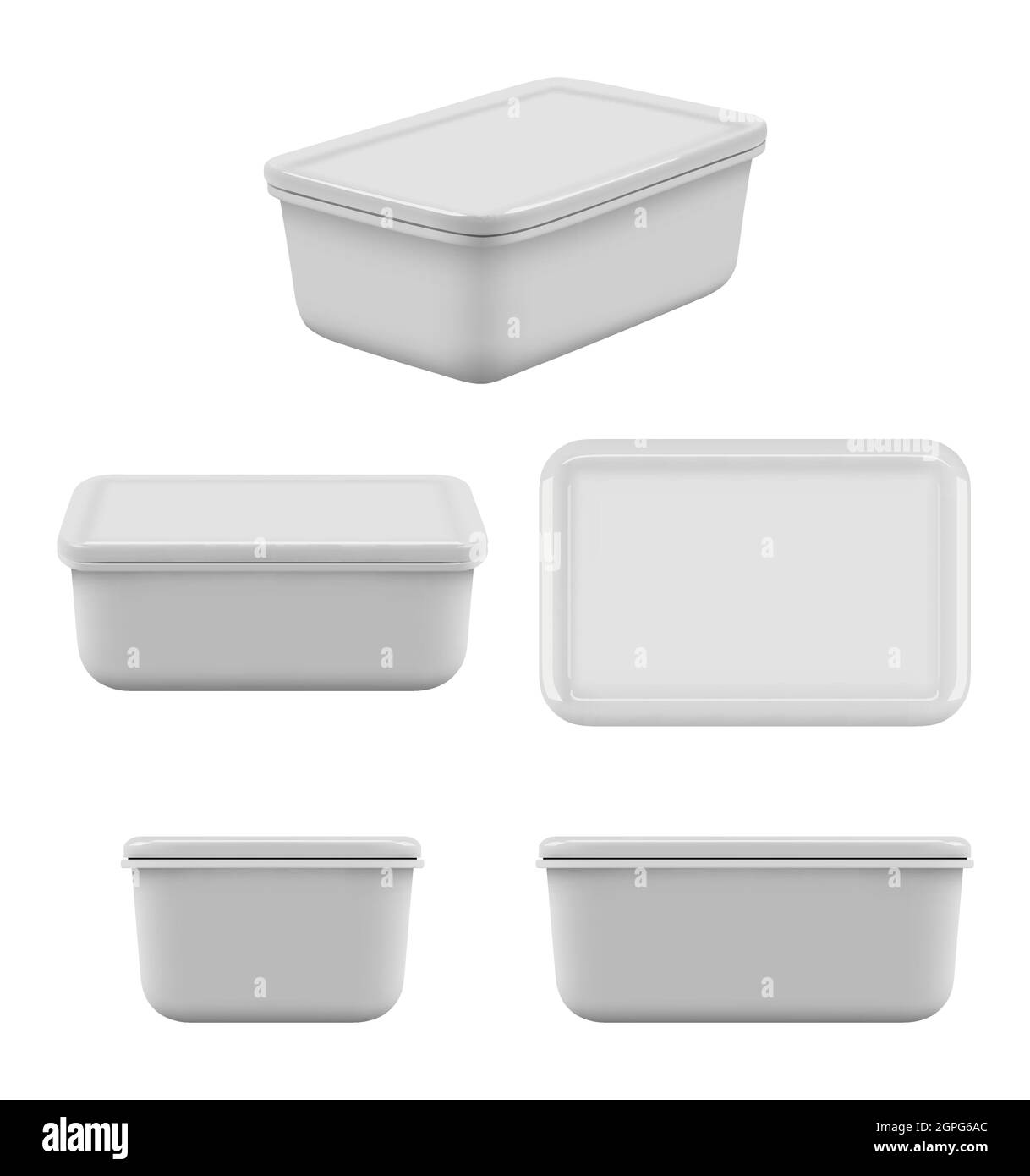 Contenitore in plastica per alimenti. Mock up scatole vuote per la cura dei prodotti deposito cucina per scaffali pranzo utensil vettore realistico set Illustrazione Vettoriale