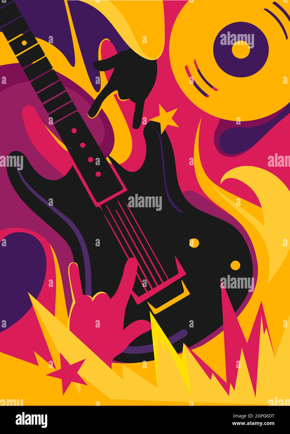 Poster di musica rock con chitarra elettrica. Design della targhetta in stile piatto. Illustrazione Vettoriale
