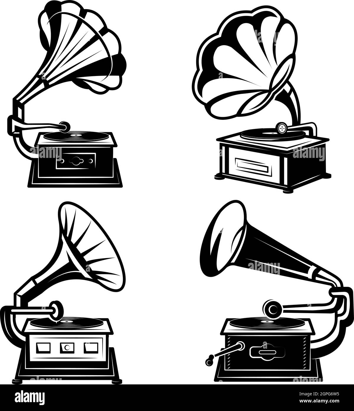 Grammofoni. Lettori di musica vintage con dischi in vinile retro fonografo box song equipment vettoriale monocromatico collezione Illustrazione Vettoriale