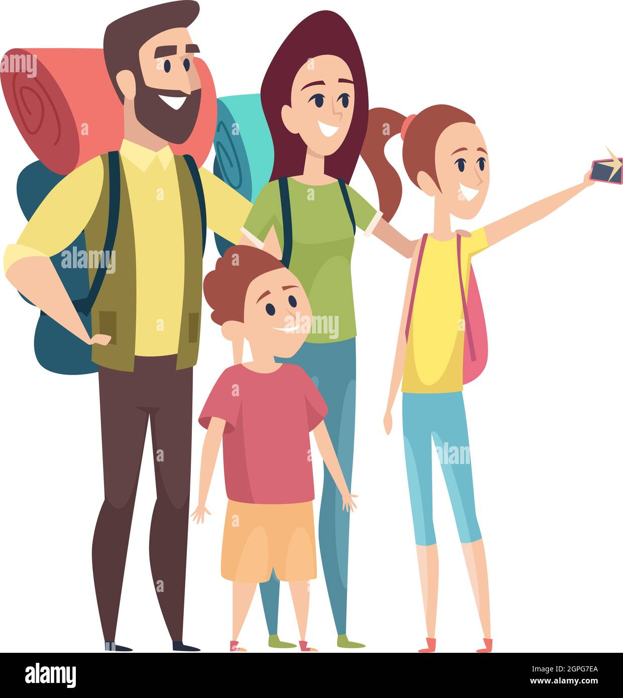 Famiglia fare foto. Selfie turisti, vacanze o viaggi. Isolato mamma papà ragazza ragazzo con le cose per camping vettore illustrazione Illustrazione Vettoriale