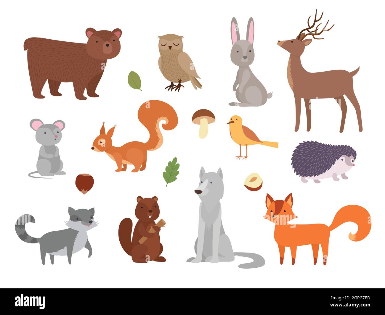 Animali di legno. Carino personaggi selvatici in foresta volpe Owl orso lupo animali vettoriali in stile piatto Illustrazione Vettoriale